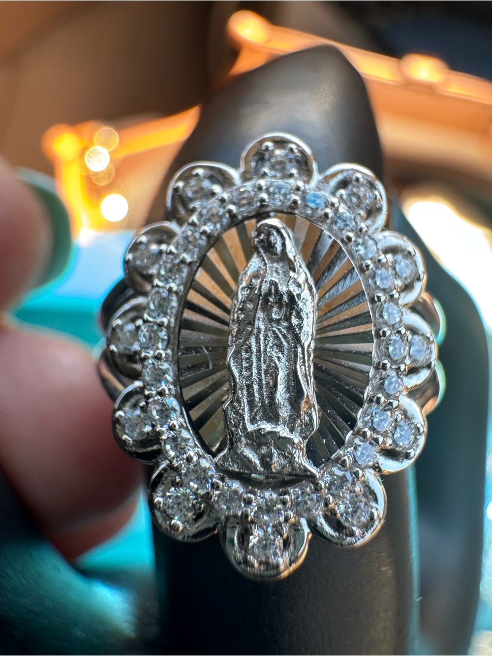 925 sterling Silver stamped acid tested Virgin Mary Halo Ring with Clear Stones